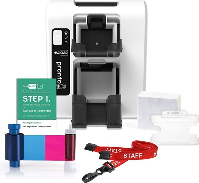Magicard Pronto 100 Ausweisdrucker Konvolut Farbbandkarten Schlüsselbänder Halter Software