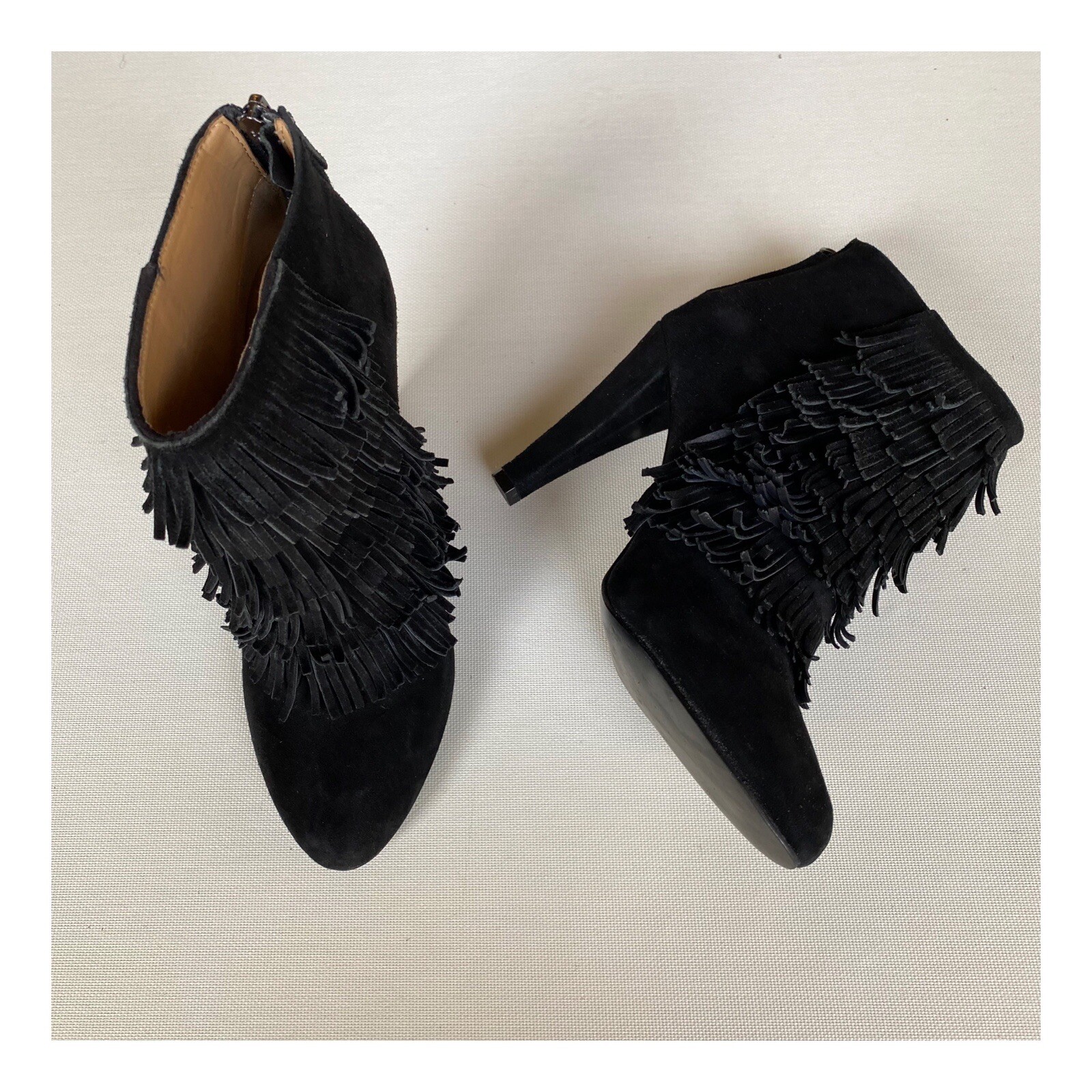 Black Suede Fringe High Heel Booties 