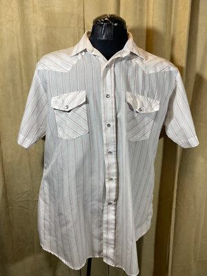 Mens Vtg 80s Karman Western Shirt XL 17 White Striped S/S Snaps  