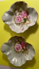 2 Vintage Lefton Hand Painted Roses Candy Dish Dishes #1860 Green Heritage Rose