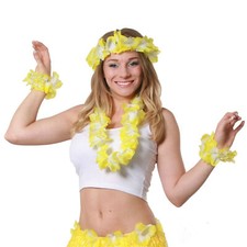 YELLOW LEI HAWAIIAN GARLAND HULA 4 PIECE FLOWER HEADBAND, NECKLACE & WRISTBAND