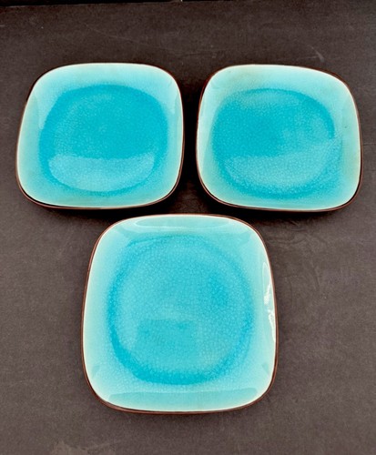 World Market Aqua Blue Crackle Ceramic Plate Set 3 Retired Square Brown Trim 6” - Picture 2 of 21