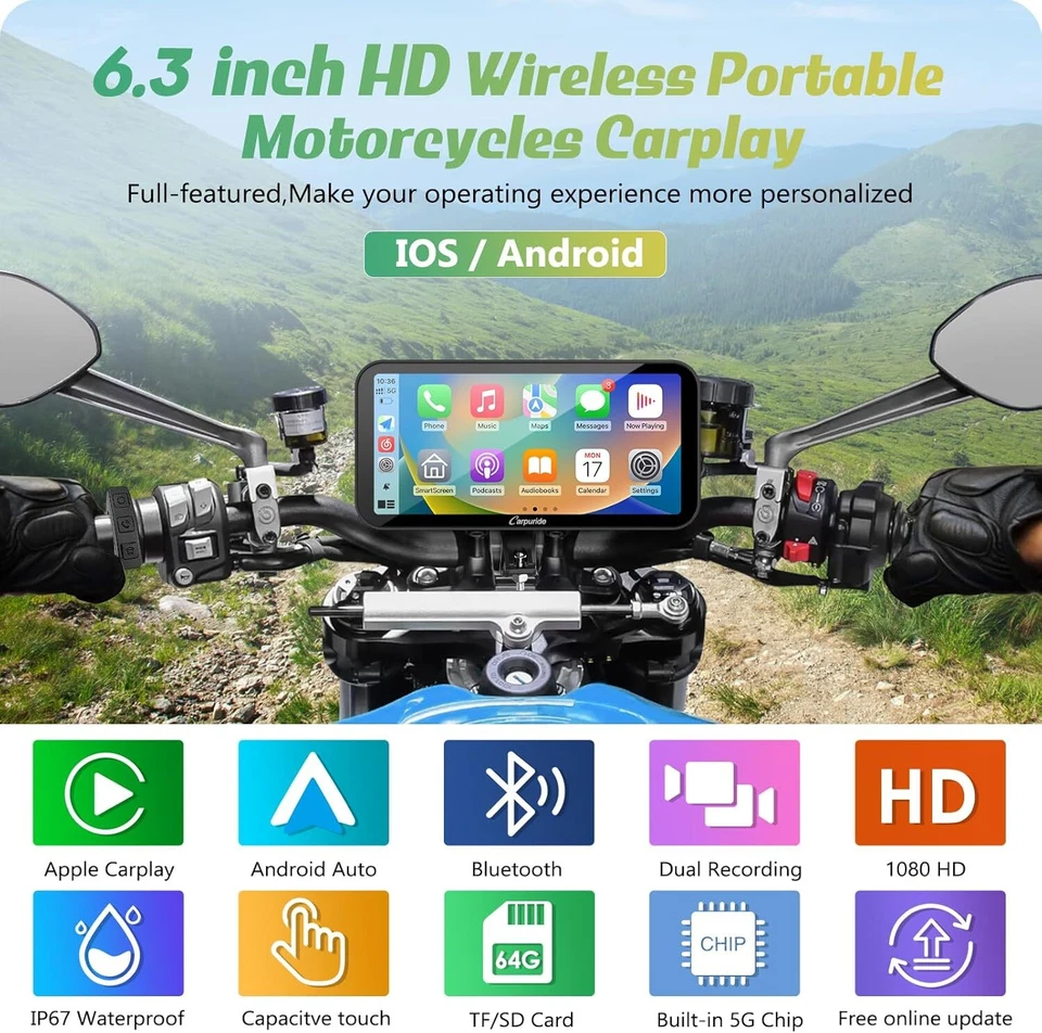 Carpuride W603D Senza Fili Carplay Android Auto Moto Registratore GPS Dual Camer - Immagine 2 di 4