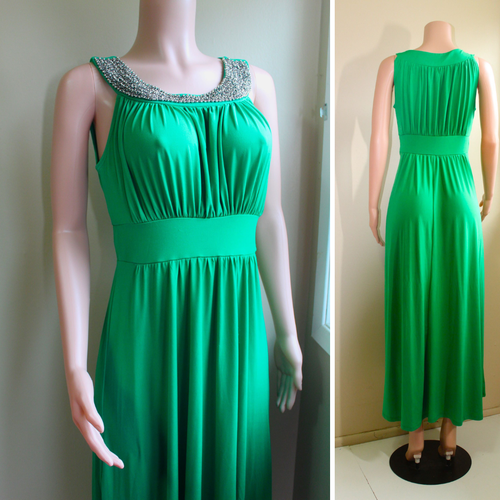 Retro 70s M Maxi Cocktail Dress Green Stretch Poly Beaded Sleeveless Y2K Sandiva - Picture 2 of 10