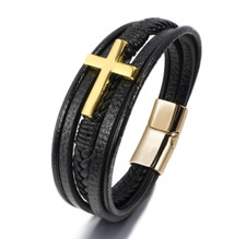Men's Cross Braided Bracelet Leather Cuff Bracelet Bangle Magnetic Clasp
