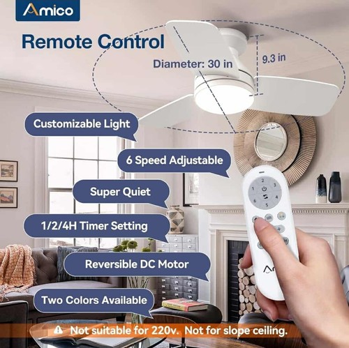 30" Low Profile Ceiling Fan Remote Flush Mount Reversible Dimmable In/Outdoor - Picture 3 of 8