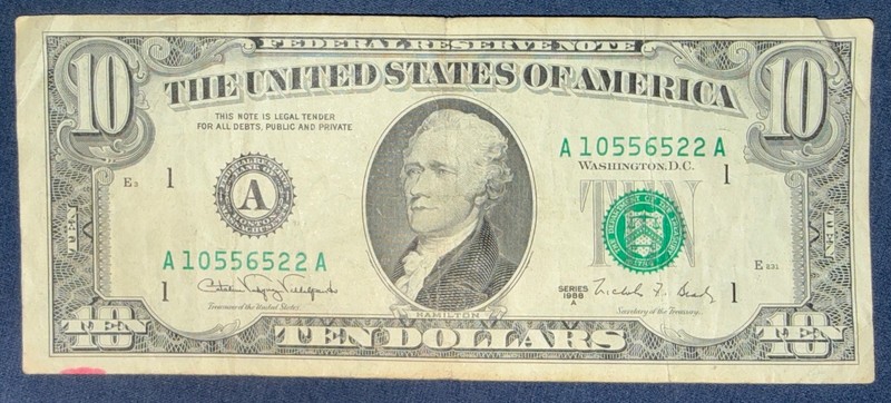 Rare 1988 Ten Dollar Bill - $10 - Green Seal, Small Face, United States Note