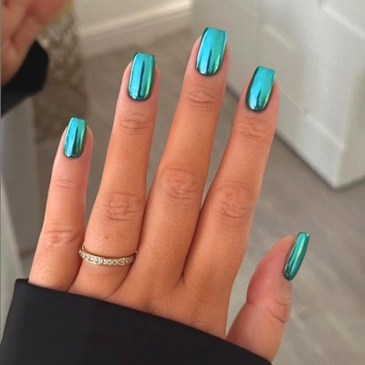 Mirror Metal Teal Blue Press on Nails Medium Short Square Chrome Glazed Short...