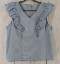 Croft Barrow Size XL Blue V Neck Sleeveless Ruffle Top
