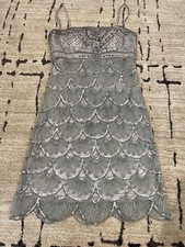 Sue Wong Nocturne Beaded Dress 6 Silver Scalloped Embellished Party Cocktail