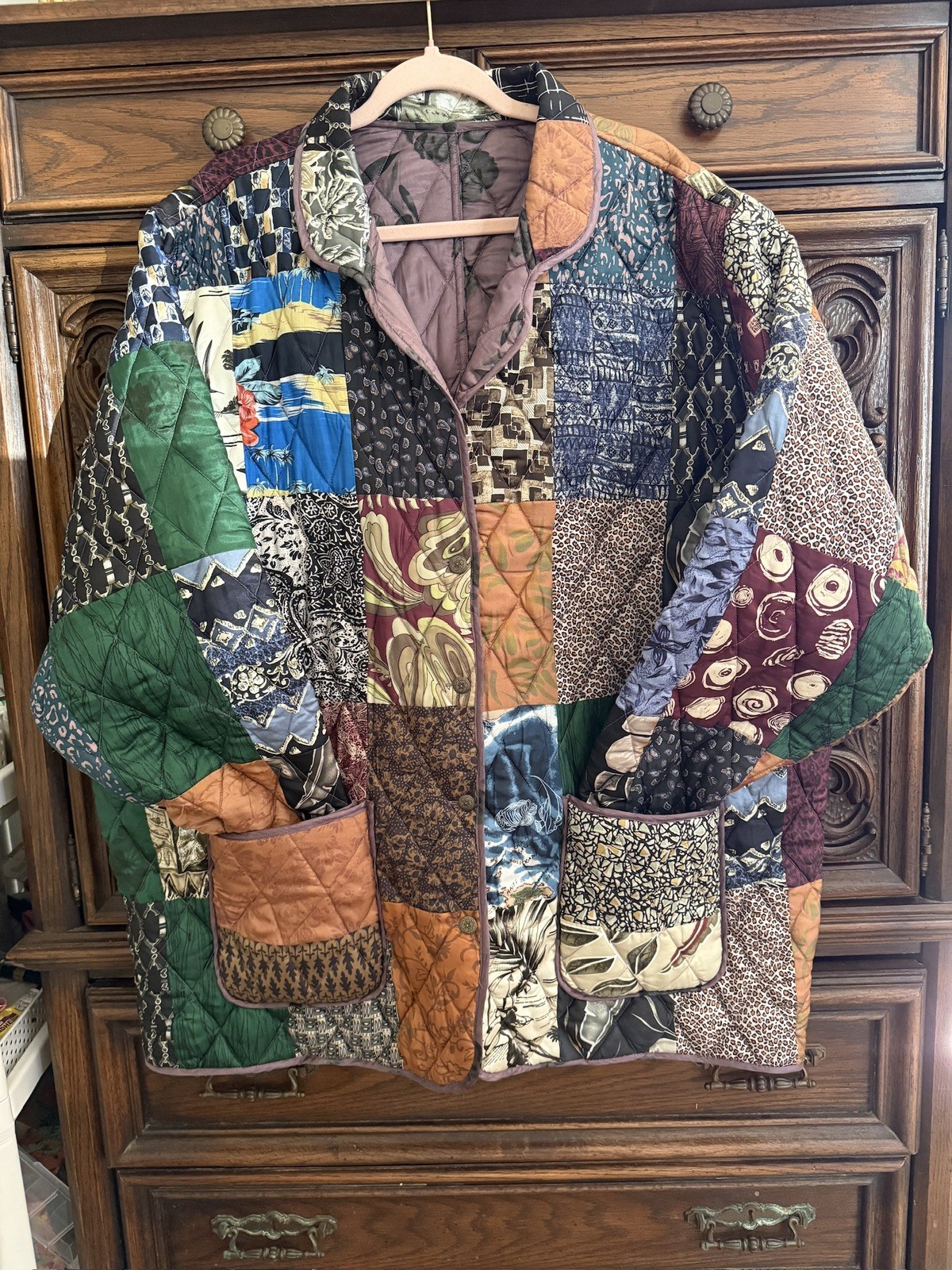 Quilted Patchwork Jacket Silk Reversible XXL Colo… - image 1