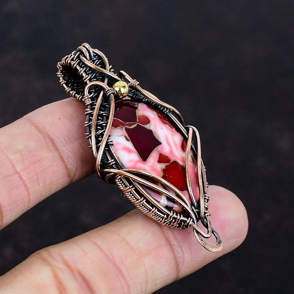 Kingman Red Mohave Copper Turquoise Pendant Copper Wire Wrapped Gemstone Jewelry - Image 3 of 4