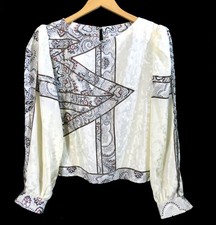 Vintage Silky Poly 80s Brocade Cropped Fan Pleat Sleeve Retro Mod Disco Blouse M