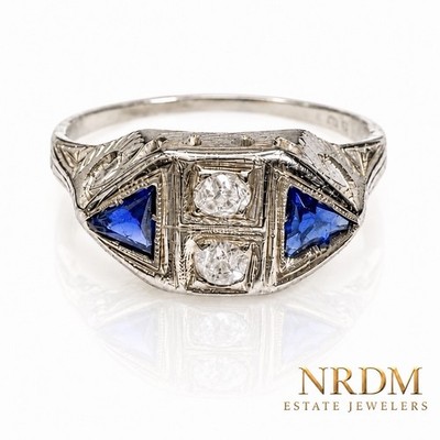 14k 18k White Gold Trillion Blue Sapphire Euro Diamond Antique Cluster Ring 5.25