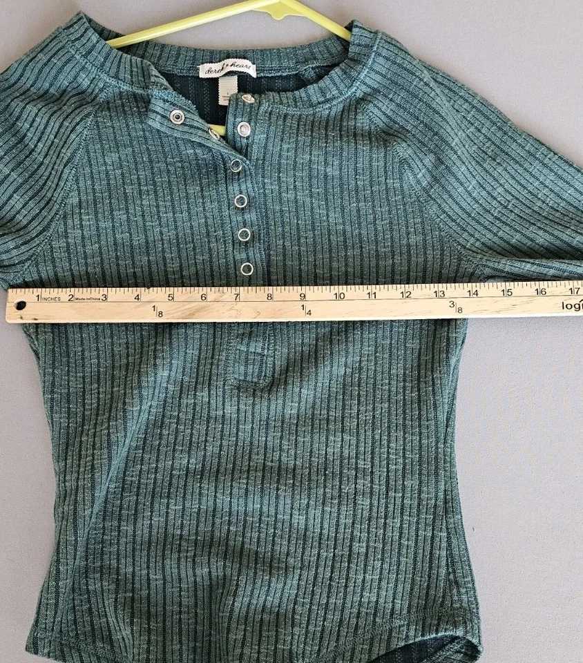 Top Henley Derek Corazón Acanalado A Presión Frontal Manga Larga Verde Azulado Talla S Y2K Años 90 Foto 4 de 4