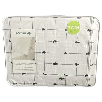 Lacoste White Black Grid TWIN Sheet Set 100% Cotton Slice/Sheet Anthracite New