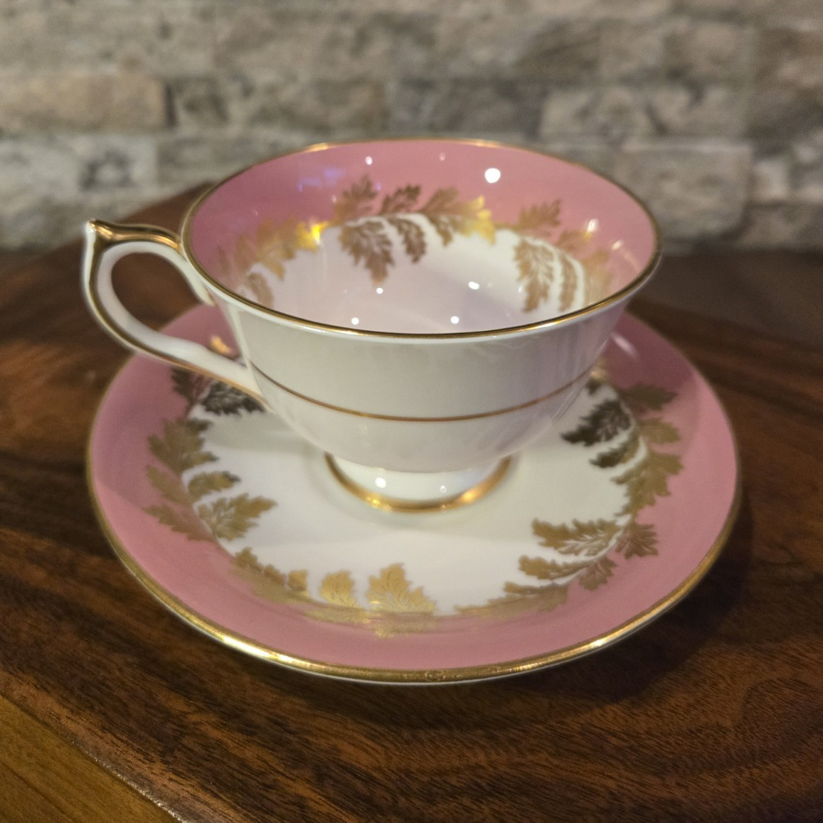 Aynsley England Bone China Tea Cup & Saucer 2787 Pink Gold Leaf 1931