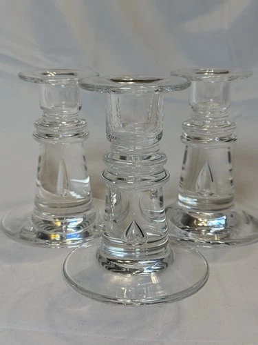 Vintage Steuben Crystal Art Glass Low Teardrop Set Of 3 Candlesticks 4.5” Signed