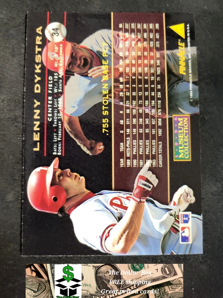 1994 Pinnacle Lenny Dykstra MUSEUM COLLECTION #34 Phillies - Image 2 of 2