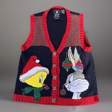 VTG Looney Tunes Warner Bros Eagles Eye Knit Vest Tweety Bugs Bunny 1995 Retro