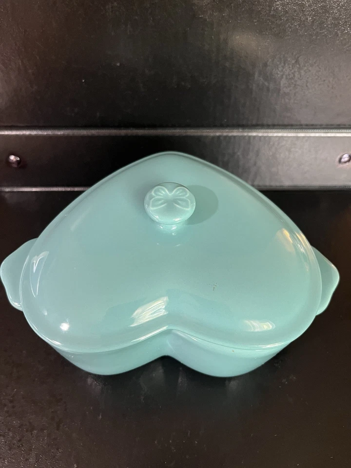 Pioneer Women Heart Shaped Covered Dish Tourqoise Butterfly Knob Stoneware - Image 2 of 4