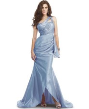 Elegant One-Shoulder Ice Blue Beaded Evening Gown Draped Mermaid Silhouette sz 2
