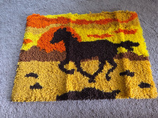 Vintage 70-80's Horse against orange Sunset Latch Hook Rug , Mustang Pattern