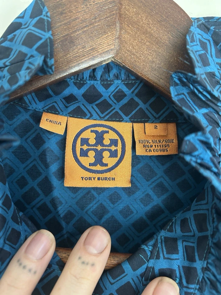 Tory Burch 100% 真丝荷叶边纽扣无袖上衣 2 学院风设计师经典 — 第 4/4 张图片