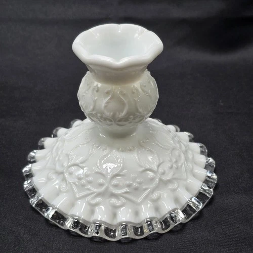 Vintage Fenton Spanish Lace with Silver Crest milk glass Candlestick holder 4"