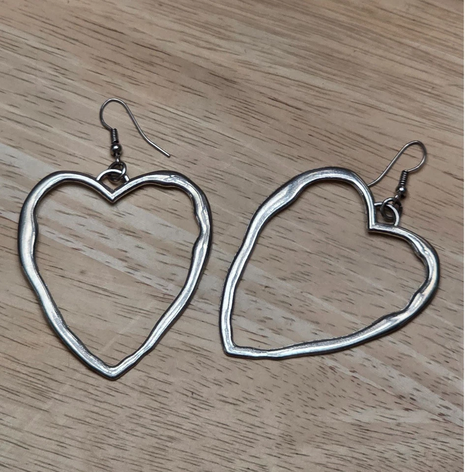Large Silver Tone Open Heart Hoop Earrings Textured Statement Dangle Drop Love - Image 4 of 4
