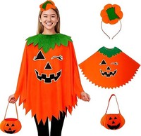 KüRbis KostüM Damen Halloween Set Umhang Tasche Stirnband Leuchtend Orange Uni