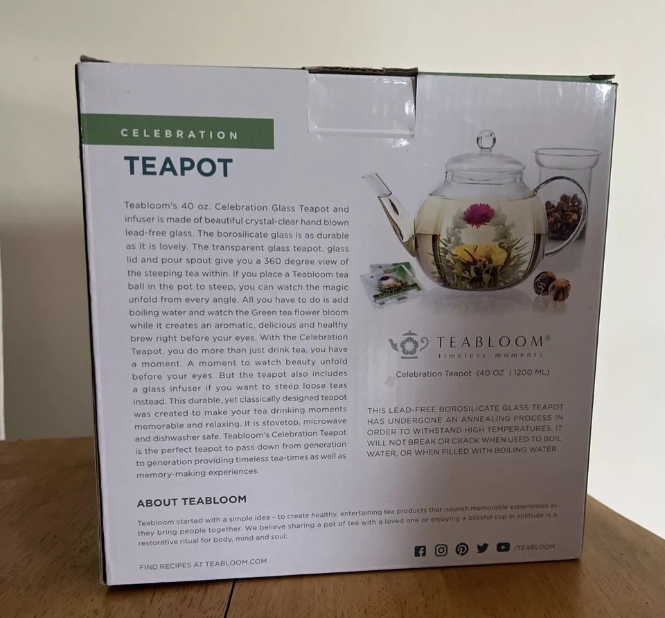 Teabloom 40 oz. Celebration Glass Teapot w/Loose Leaf Tea Infuser New In Box eBay