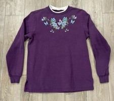 Vintage 90s Womens Medium Purple Blue Floral Crewneck Sweater Grandma Adult Knit