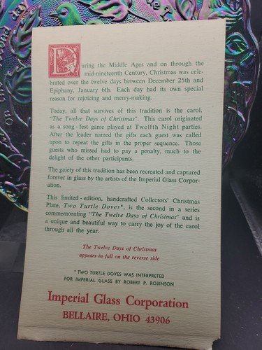 1973 IMPERIAL CARNIVAL GLASS 12 DAYS OF CHRISTMAS PLATE TWO TURTLE DOVES N.O.S. - Picture 2 of 8