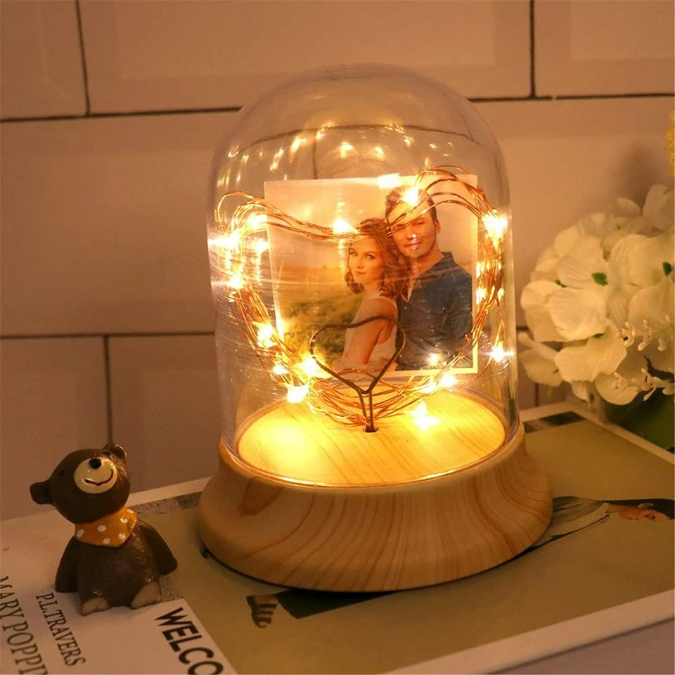 Couple Photo Firefly Light Romantic LED Night Light Glass Frame 3"x3" Wood Base - Image 3 of 4