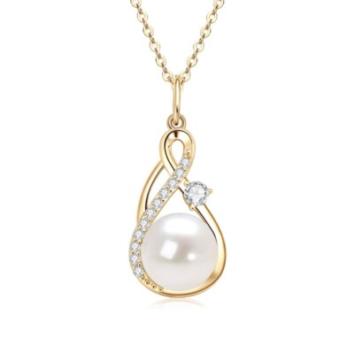 DIVA'S Pendant Necklace 925-14K Plated 10mm Cultured Pearl with 0.5 Moissanite
