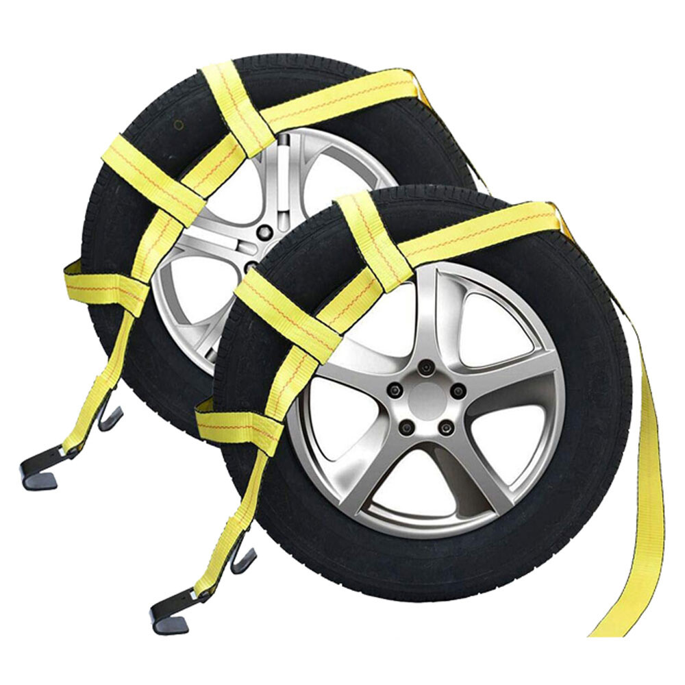 Yellow Car Tow Dolly Tire Straps with Flat Hooks & Wheel Net Set C16