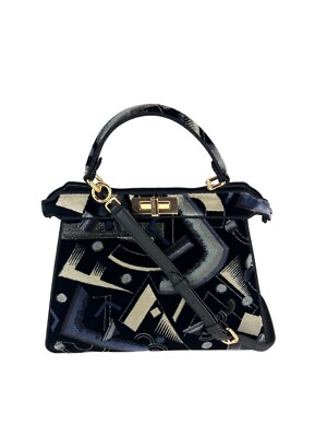 Fendi Peekaboo I see u Medium Printed Velvet Black Blue Satchel