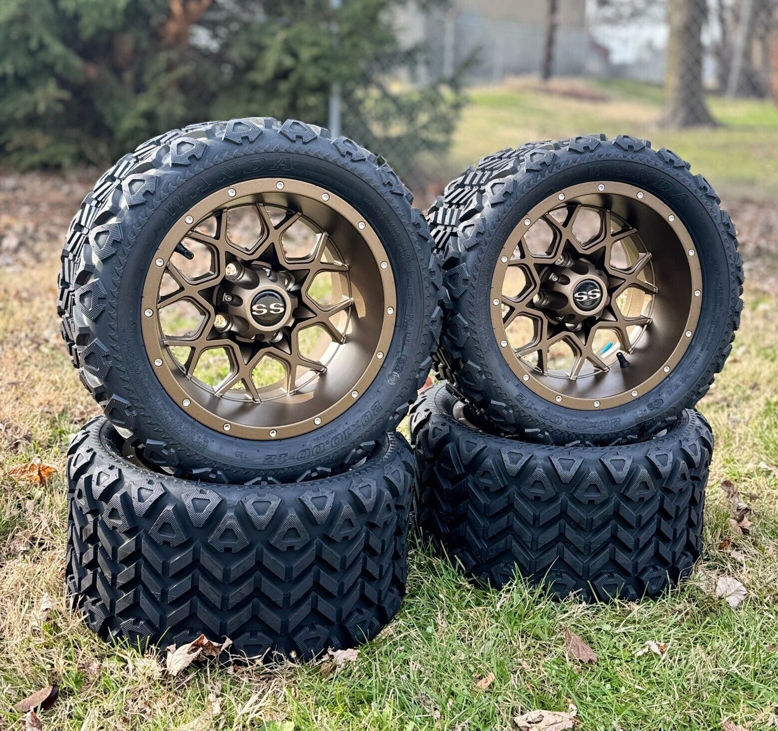 12" Matte Bronze Golf Cart Wheels With 20x10-12 All Terrain Tires, EZGO Club Car