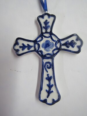 New Kurt Adler Easter Porcelain Delft Blue Cross Ornament J7314 Free Shipping