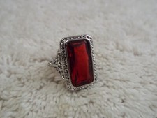 Silvertone Red Faux Rhinestone Ring Size 8 C42