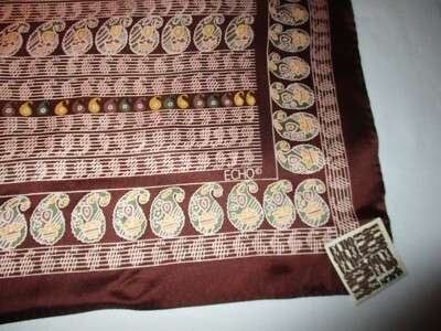 NWT Vintage ECHO Maroon Brown Green Paisley 100% Silk Square Scarf 23''
