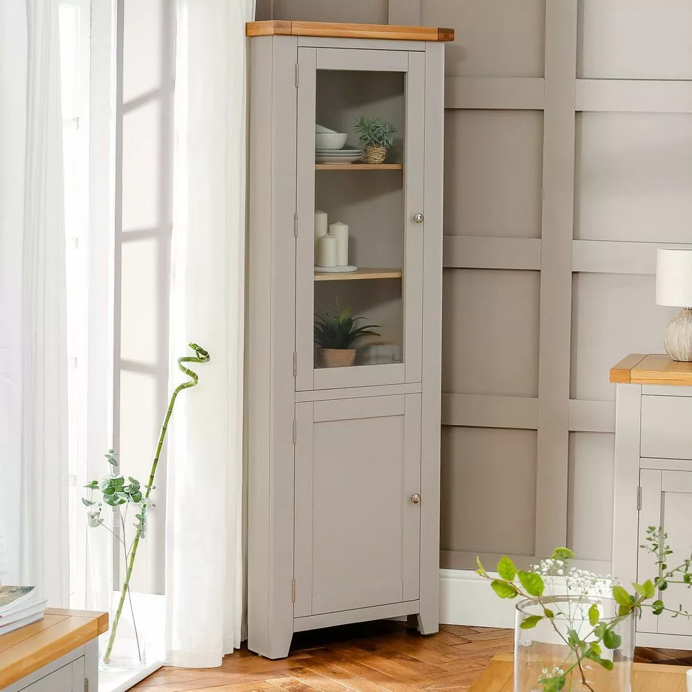 Downton Grey Painted Tall Glazed Corner Cabinet Glass Display