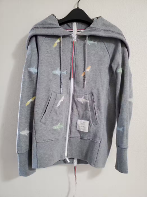 $1,530 THOM BROWNE Shark & Surfboard Embroidery Zip Grey Hoodie