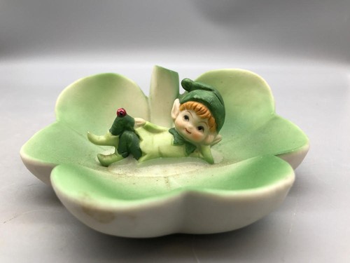 Set of 3 Vintage Elf Pixie Leprechaun On Four Leaf Clover Trinket Dishes - Picture 11 of 13