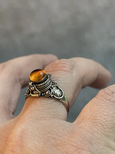 Vintage Amber Sterling Silver Poison Pill Box Ring