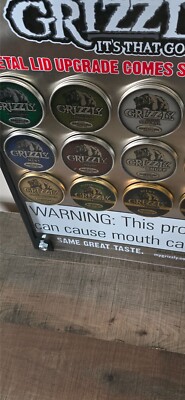 NEW OB GRIZZLY TOBACCO 12 TIN DOUBLE SIDED/FRAMED W/STAND 