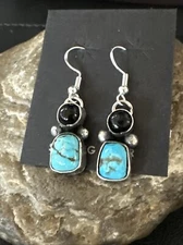Handmade Kingman Turquoise Onyx Navajo Sterling Silver Dangle Earrings 18847