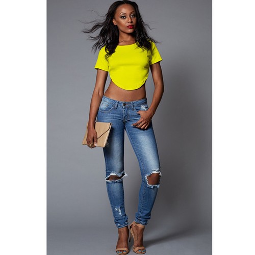 Sexy Yellow Backless Short Sleeve O Neck Tank Top Semi Sheer T-shirt - Picture 2 of 6