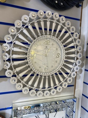 MIRROR CRUSHED DIAMOND WHITE CRUSHED CRYSTAL FILL SPARKLY 50cm RUNDE UHR.